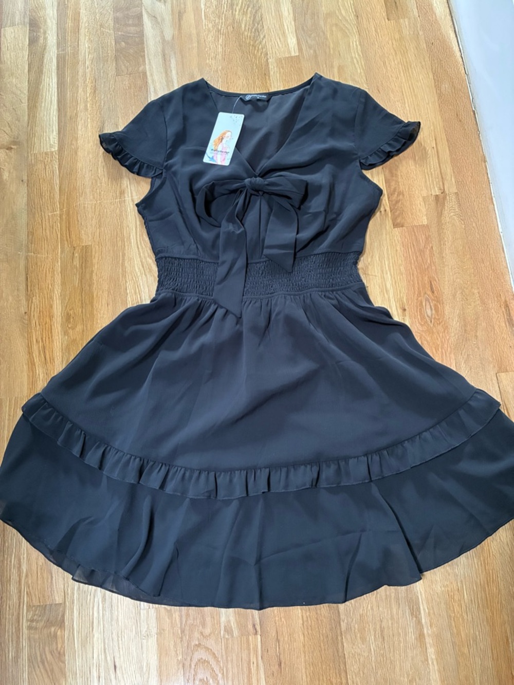 Black Tie-Front Ruffle Mini Dress